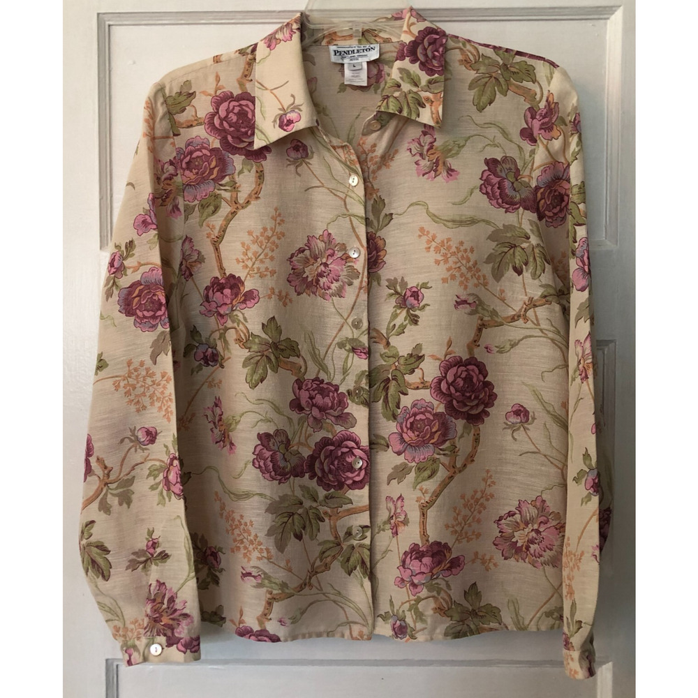 Pendleton, Women's Top/Shirt, Size Large, Tan Floral, Silk /Linen, Button Up